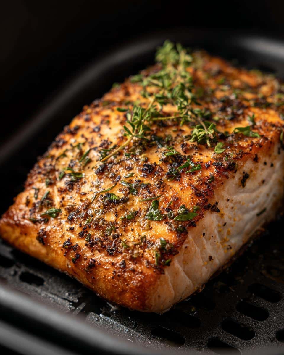 Close-up of a seasoned Air Fryer Salmon fillet with herbs on a black air fryer tray.