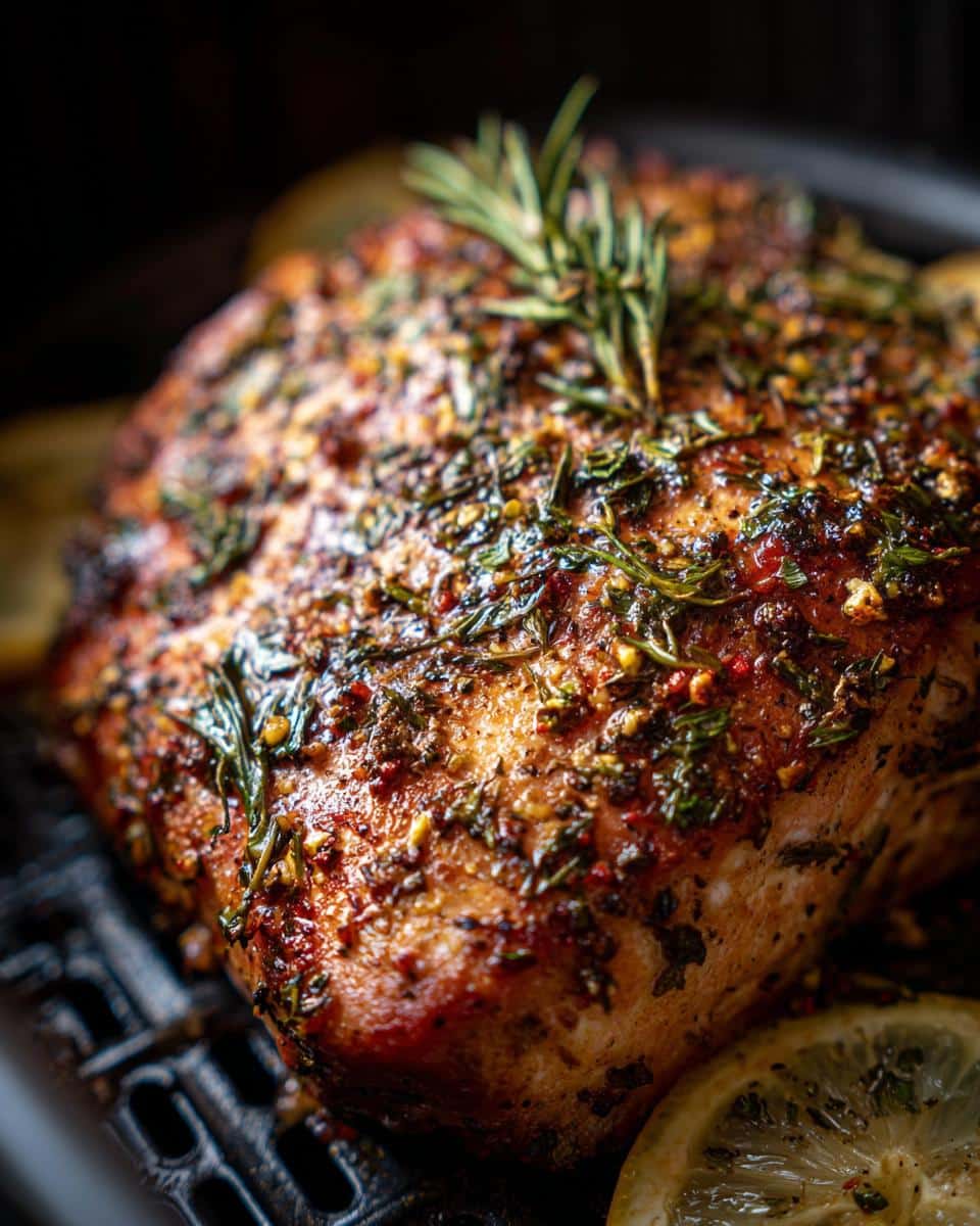 Close-up of seasoned Air Fryer Salmon with lemon slices and a rosemary sprig. Ready to serve.