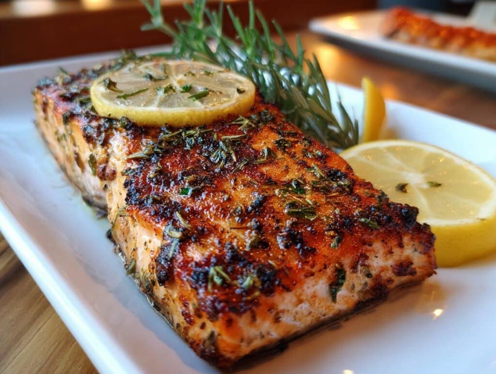 Close-up of air fryer salmon fillet garnished with lemon slices and fresh herbs on a white plate.