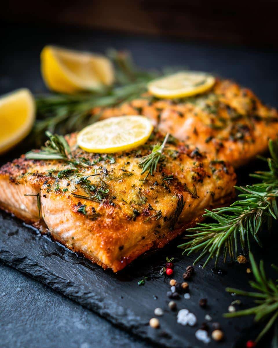 Two fillets of Air Fryer Salmon garnished with lemon slices and fresh rosemary sprigs on a dark slate plate.