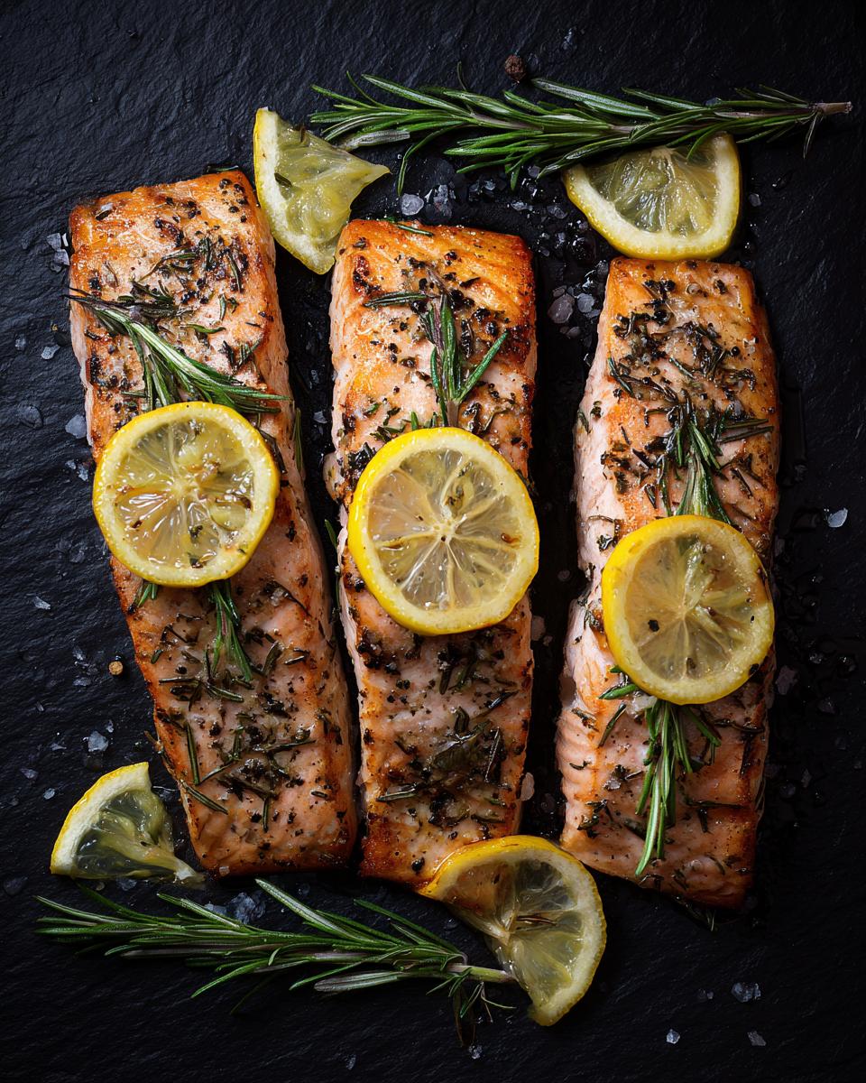 Three fillets of Air Fryer Salmon garnished with lemon slices and rosemary sprigs on a dark surface.