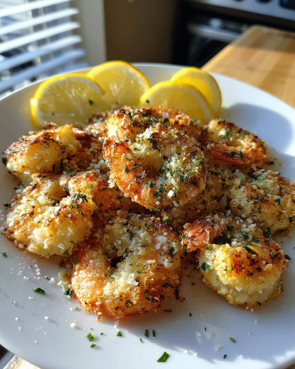 Plate of golden brown air fryer shrimp, garnished with parsley and served with lemon wedges.
