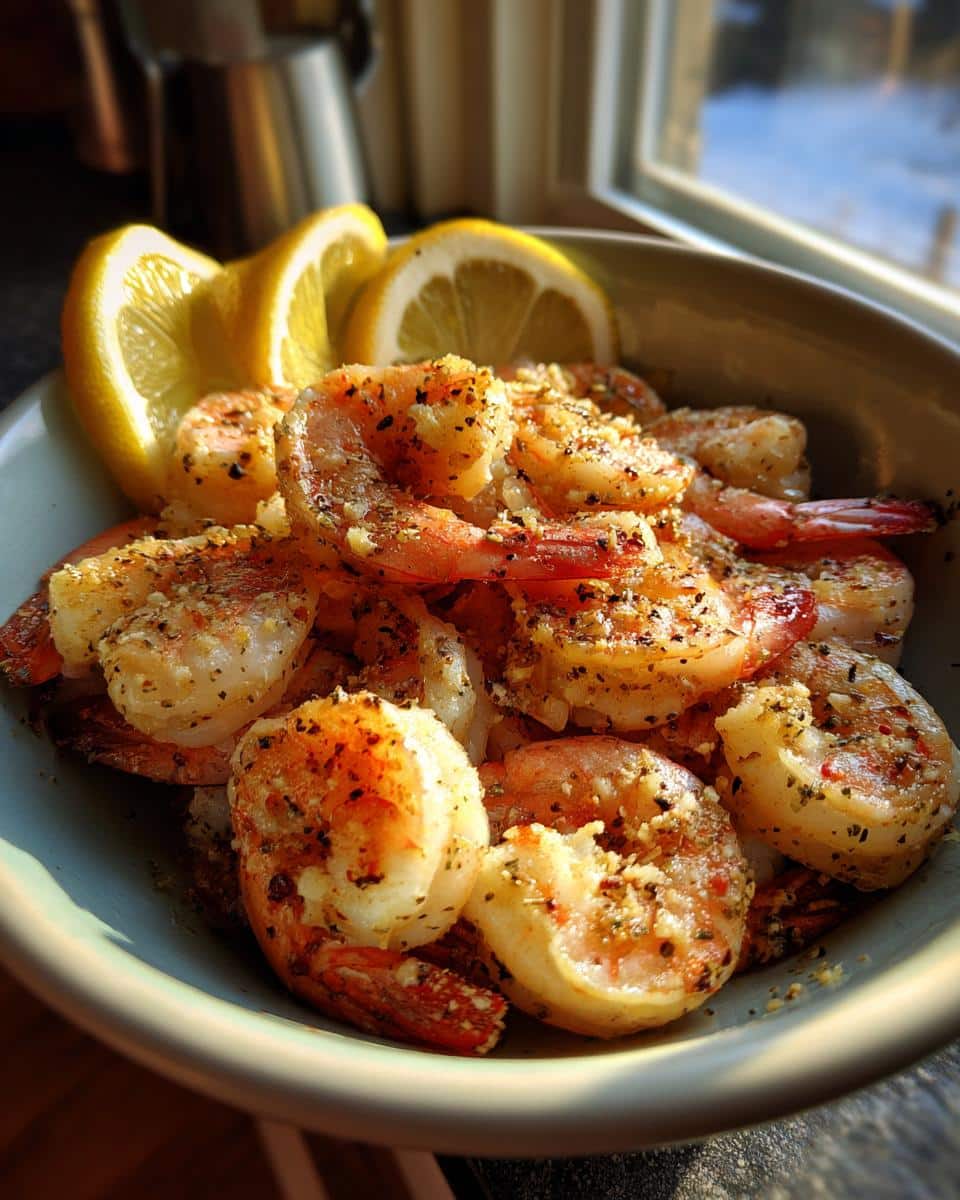 Bowl of seasoned Air Fryer Shrimp with lemon wedges, ready to eat. Easy recipe.