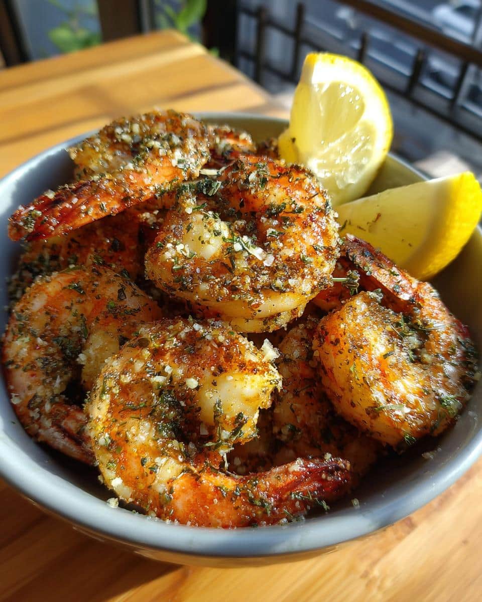 Bowl of golden brown Air Fryer Shrimp seasoned with herbs, served with lemon wedges.