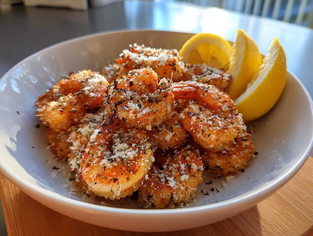 A bowl of golden-brown Air Fryer Shrimp, garnished with herbs, parmesan, and lemon wedges.