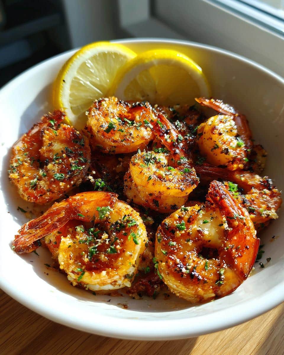 Bowl of air fryer shrimp garnished with parsley and lemon wedges, ready to eat.