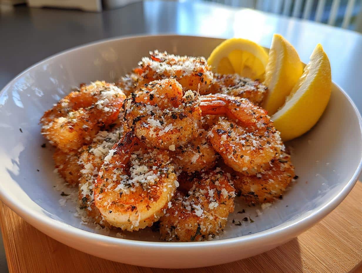 A bowl of golden-brown Air Fryer Shrimp, garnished with herbs, parmesan, and lemon wedges.