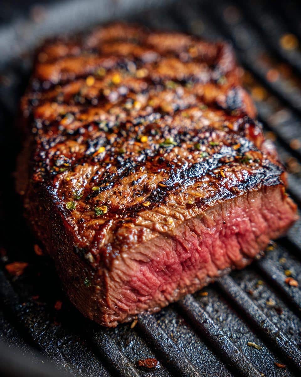 Close-up of a perfectly cooked Air Fryer Steak with grill marks and visible seasonings, showing a juicy, pink interior.