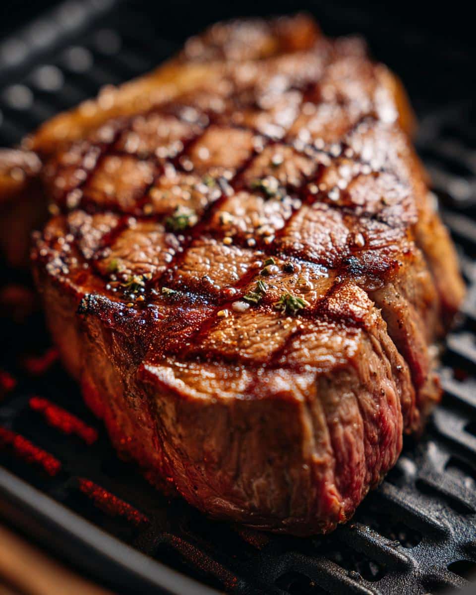 Perfectly cooked Air Fryer Steak with grill marks, seasoned with herbs and spices, resting on a grill pan.