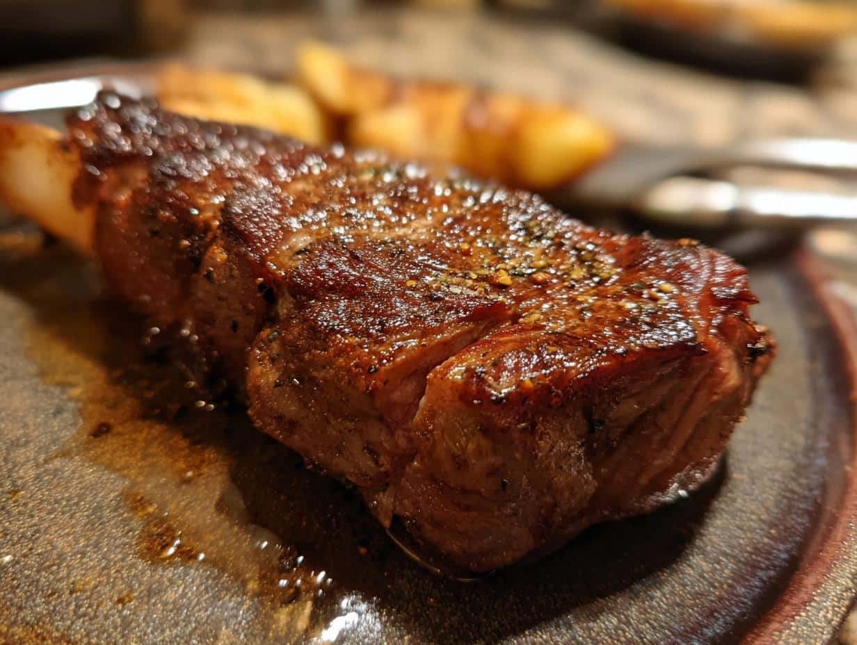 Close-up of a perfectly cooked Air Fryer Steak on a plate, showcasing its juicy texture and seasoning.