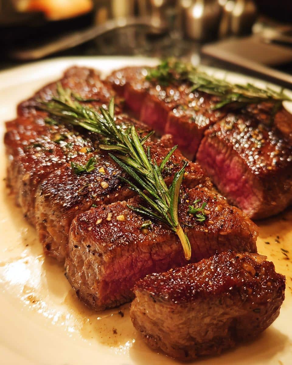Close-up of a sliced Air Fryer Steak garnished with fresh rosemary on a white plate.
