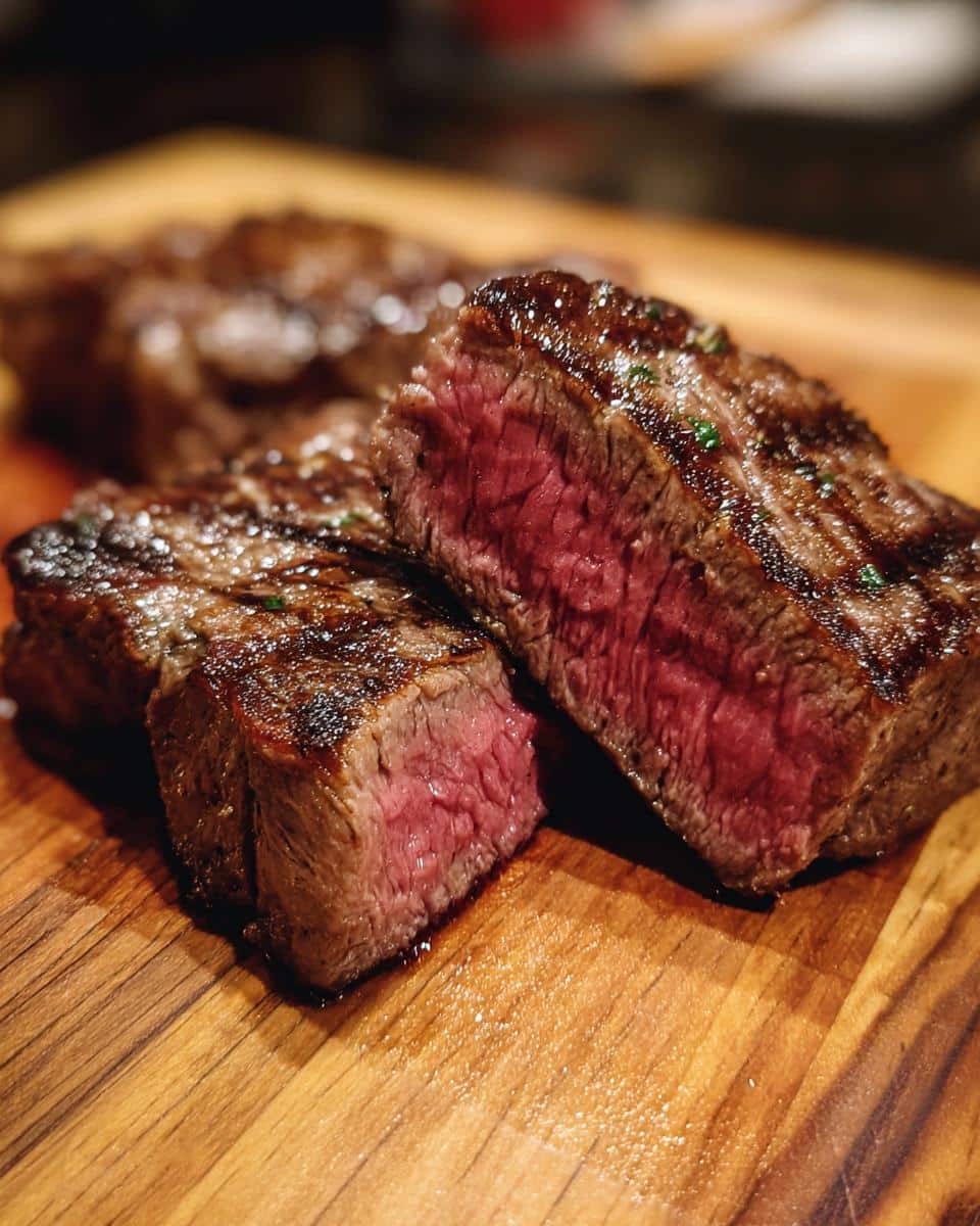 Perfectly cooked Air Fryer Steak, sliced to show the juicy, pink interior on a wooden cutting board.