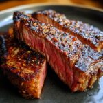 Close-up of sliced Air Fryer Steak showing a perfectly cooked, juicy interior and seasoned crust.