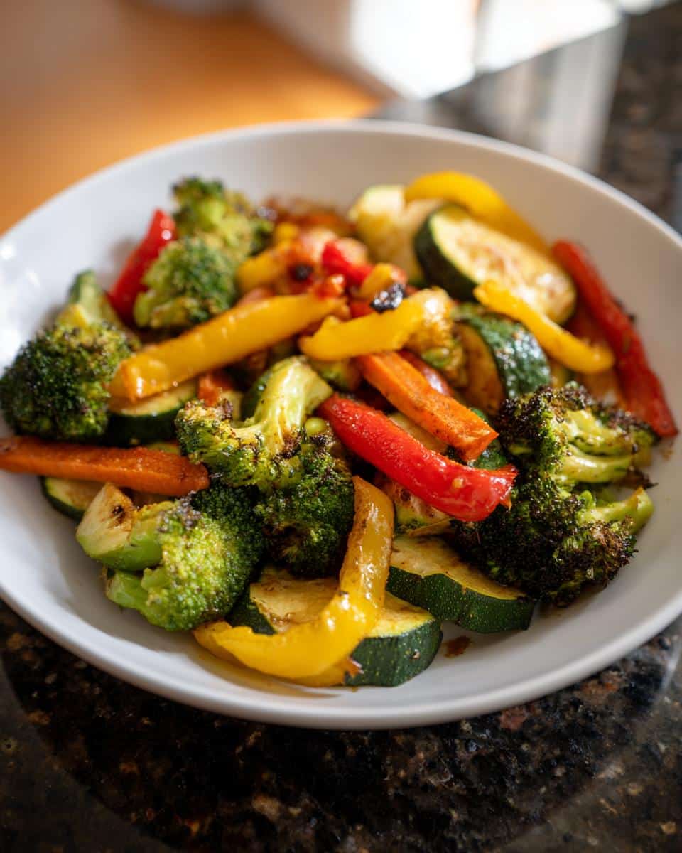 A colorful bowl of air fryer vegetables, including broccoli, zucchini, bell peppers, and carrots.