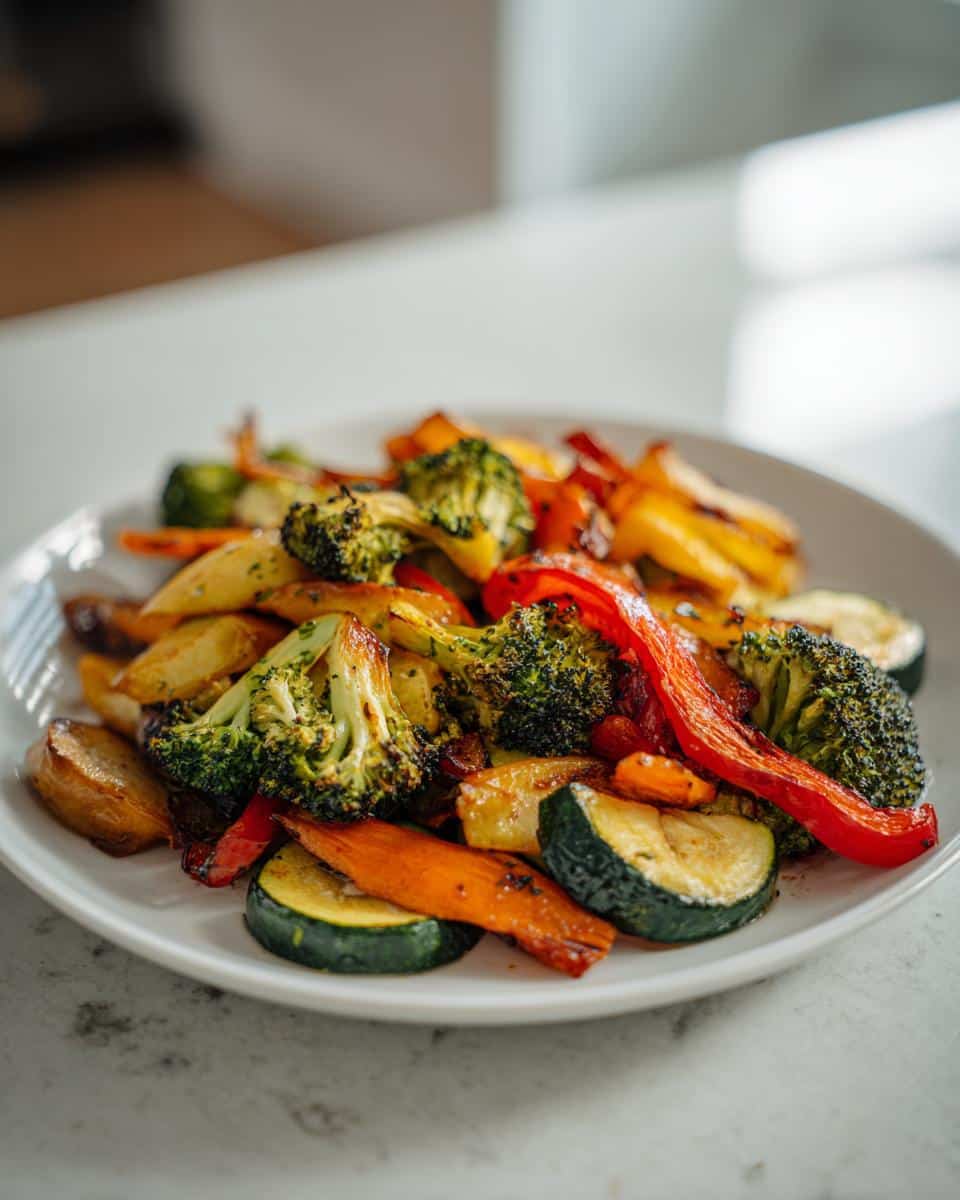 A plate of colorful Air Fryer Vegetables, including broccoli, zucchini, peppers, carrots, and potatoes.