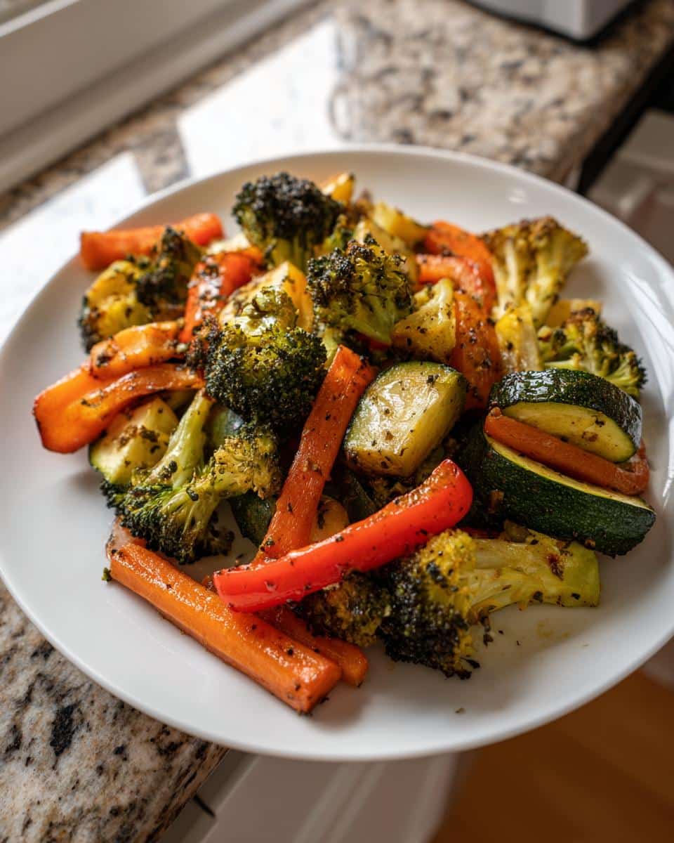 A plate of colorful Air Fryer Vegetables, including broccoli, carrots, and zucchini, cooked to perfection.