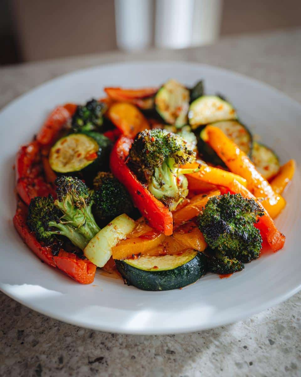 A plate of colorful Air Fryer Vegetables, including broccoli, zucchini, and bell peppers.