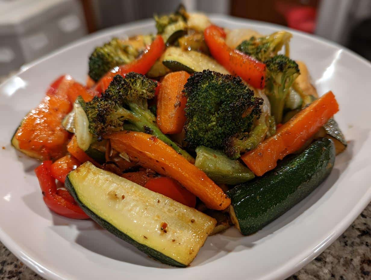 A plate of colorful Air Fryer Vegetables, including broccoli, zucchini, carrots, and red peppers.