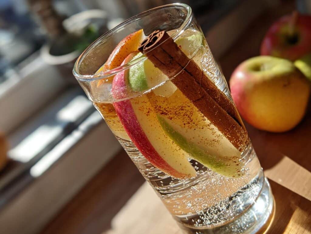 Glass of apple cinnamon flavored water with apple slices and a cinnamon stick.