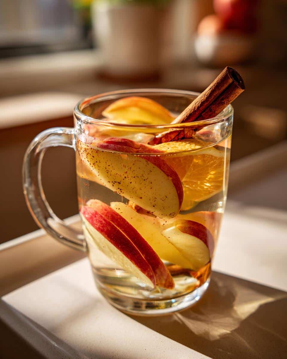 Glass mug of flavored water with apple slices, orange, and a cinnamon stick.