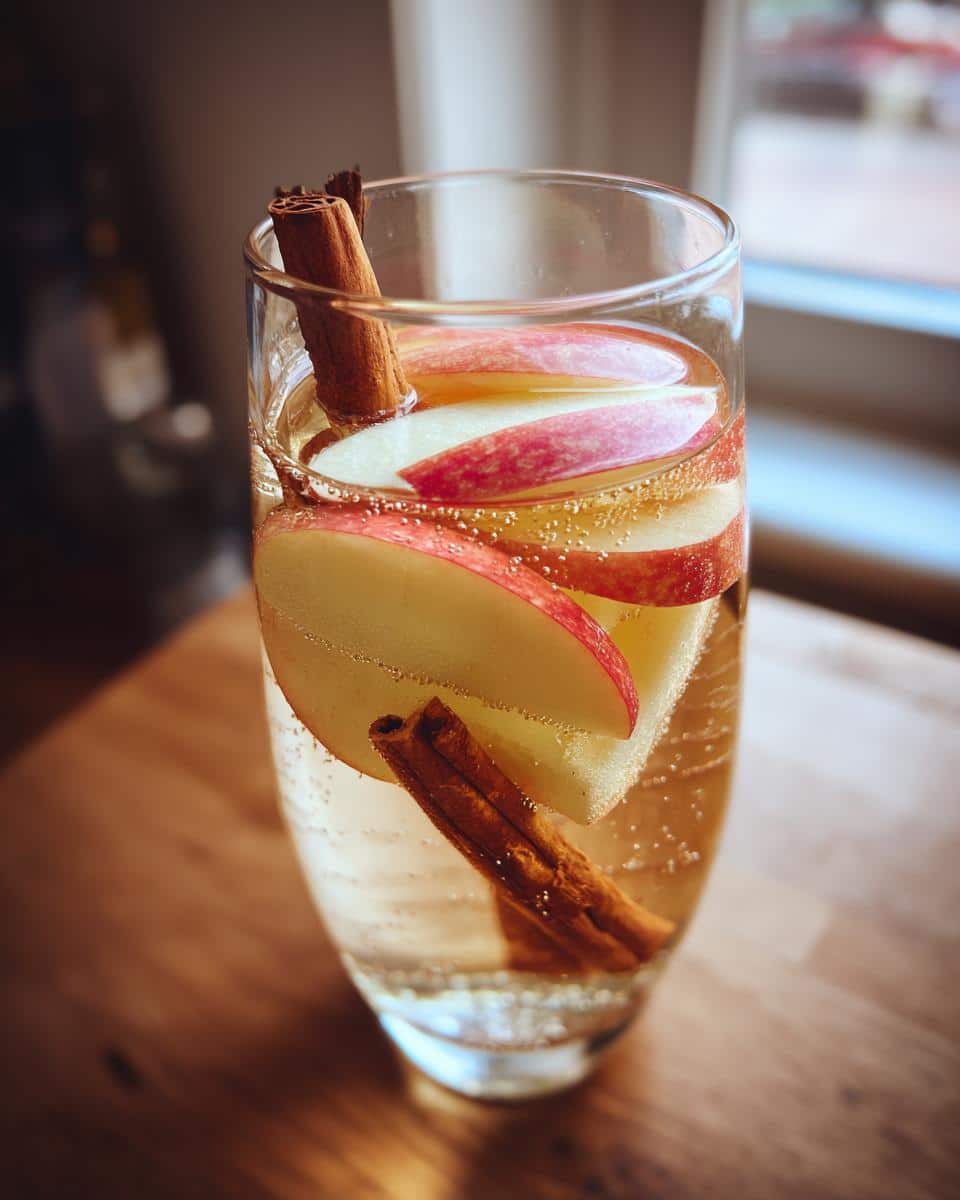 Refreshing glass of flavored water with apple slices and cinnamon sticks.