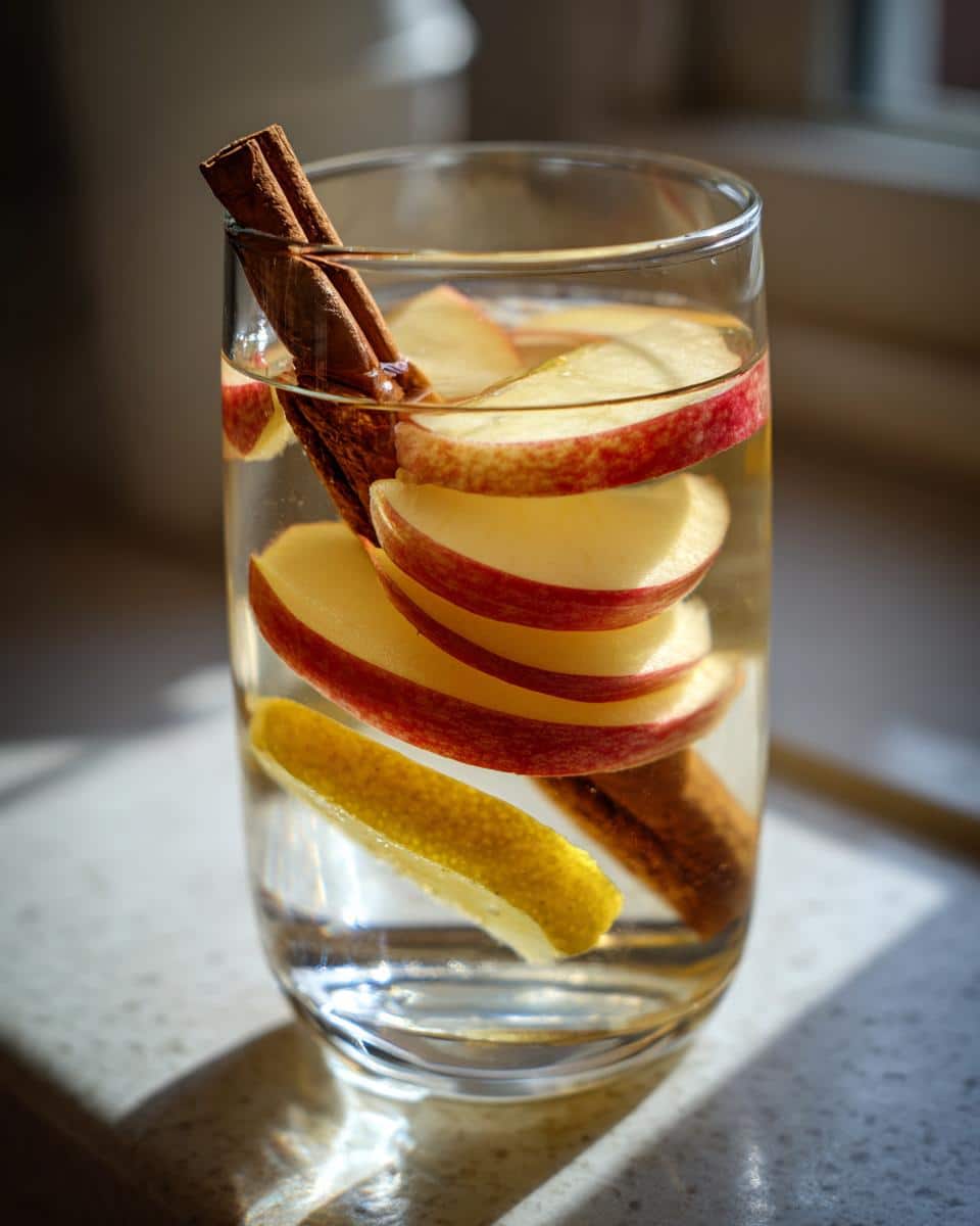 Glass of flavored water with apple slices, lemon, and cinnamon sticks for a refreshing drink.