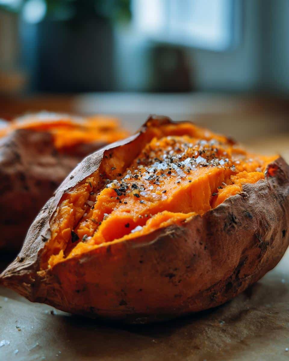 Close-up of a perfectly baked sweet potato, split open and seasoned with coarse salt and black pepper.
