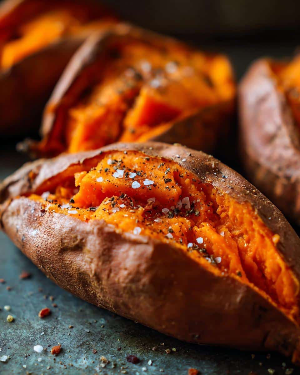 Close-up of a perfectly baked sweet potato, split open and seasoned with coarse salt and cracked black pepper.