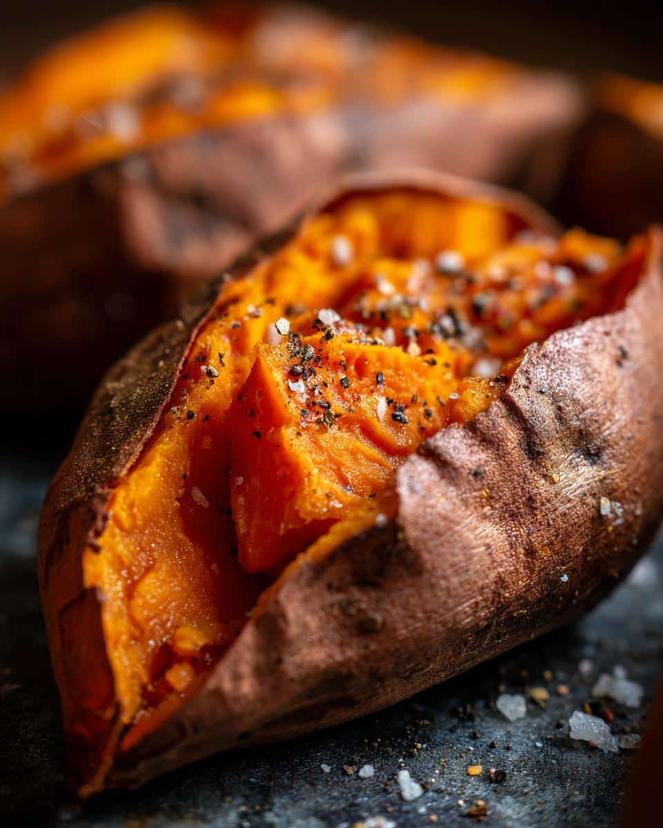 A close-up of a perfectly baked sweet potato, split open and seasoned with coarse salt and freshly ground black pepper.
