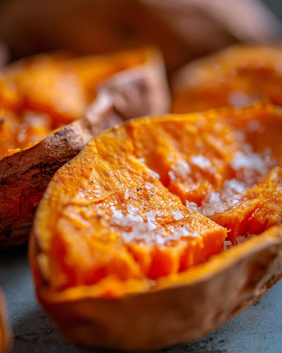 Close-up of a perfectly baked sweet potato, cut in half and sprinkled with coarse sea salt and black pepper.