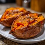 Close-up of two perfectly baked sweet potatoes, split open and seasoned with salt and pepper.