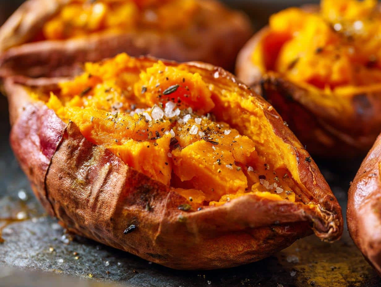 Close-up of a perfectly baked sweet potato, split open and seasoned with coarse salt and black pepper.