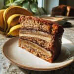 A delicious slice of Banana Chocolate Cake with layers of banana and chocolate filling on a plate.