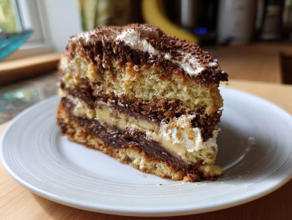 A slice of Banana Chocolate Cake on a white plate, showing layers of cake, chocolate, and banana.