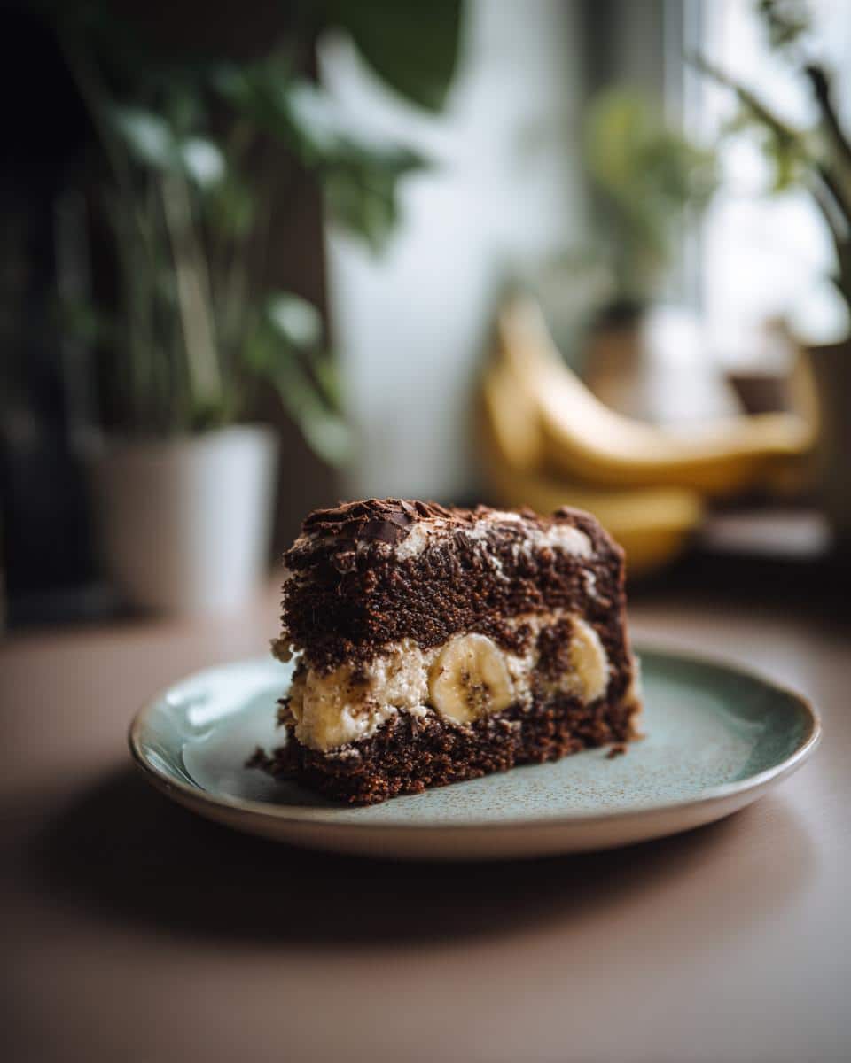 A slice of Banana Chocolate Cake on a plate, showing layers of chocolate cake and banana filling.