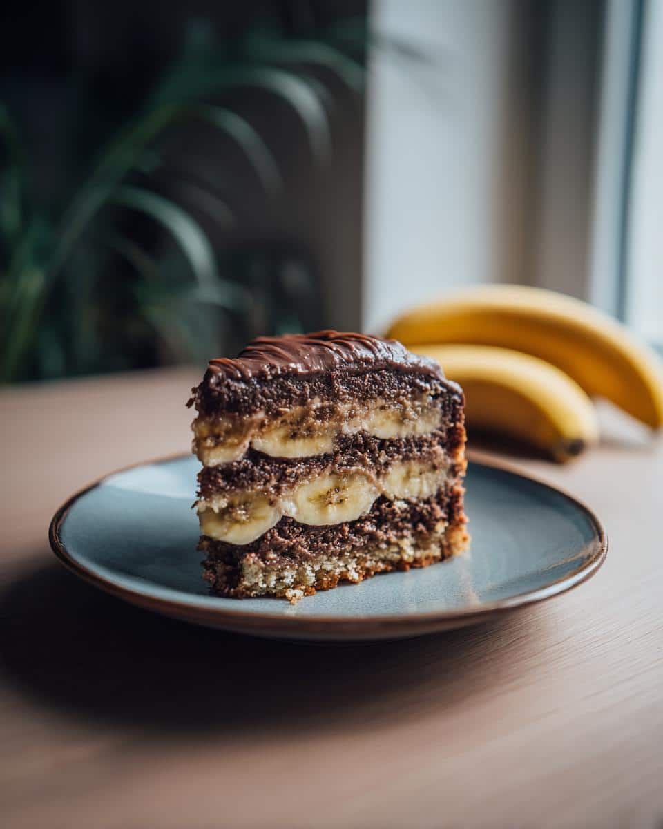 A slice of Banana Chocolate Cake with layers of banana and chocolate frosting on a blue plate.