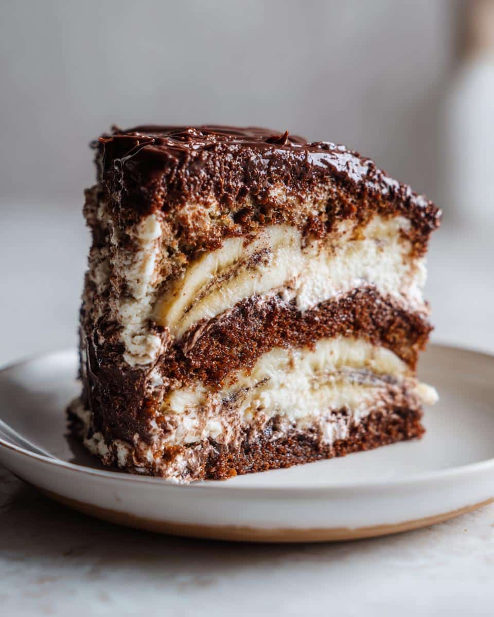 A delicious slice of Banana Chocolate Cake with layers of banana, cream, and chocolate frosting.