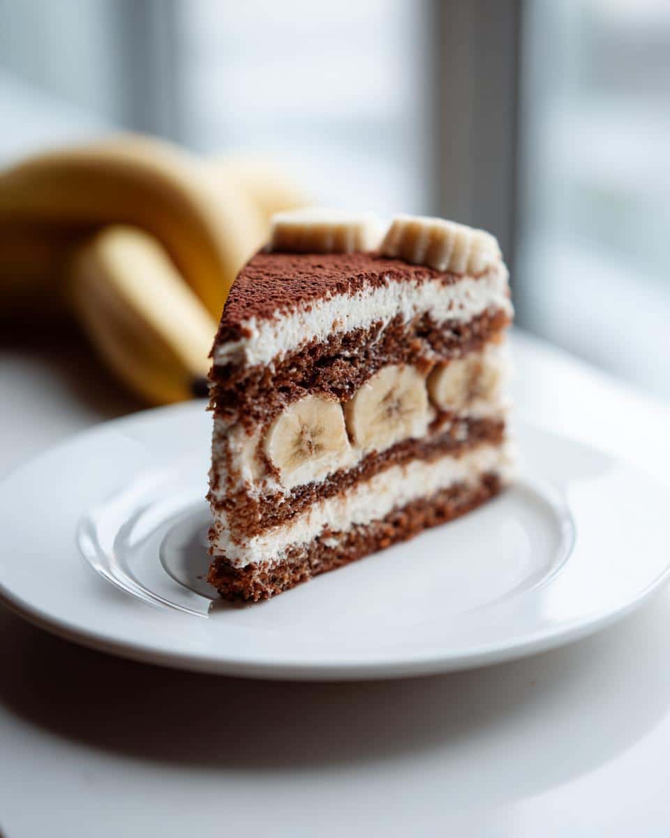 A delectable slice of Banana Chocolate Cake with layers of cream and fresh bananas on a white plate.