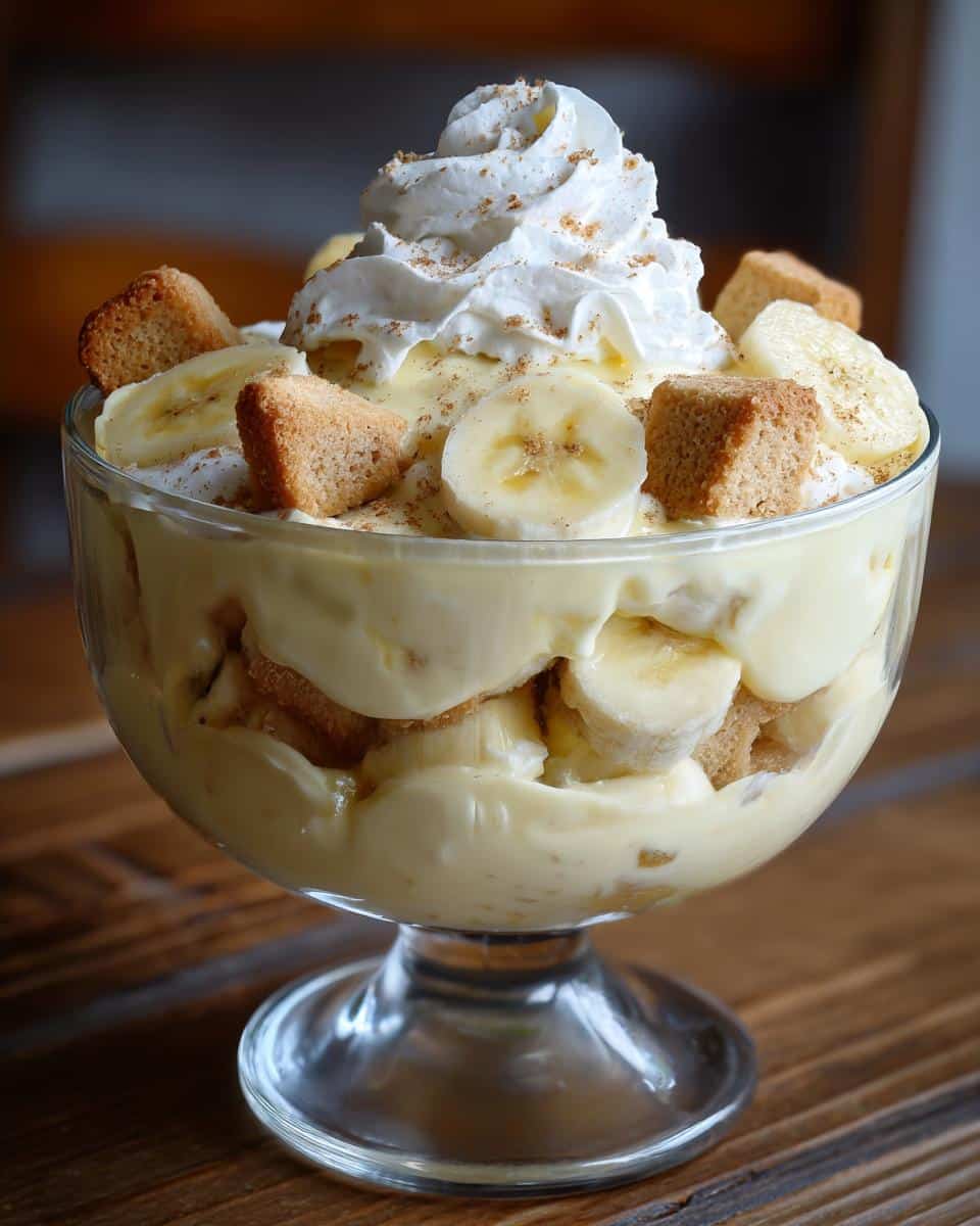 A layered banana pudding trifle in a glass bowl, topped with whipped cream, banana slices, and vanilla wafers.