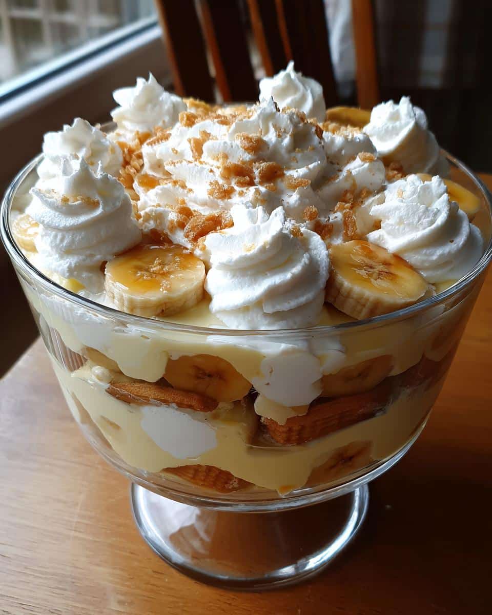 A layered Banana Pudding Trifle in a glass bowl, topped with whipped cream, banana slices, and crushed wafers.
