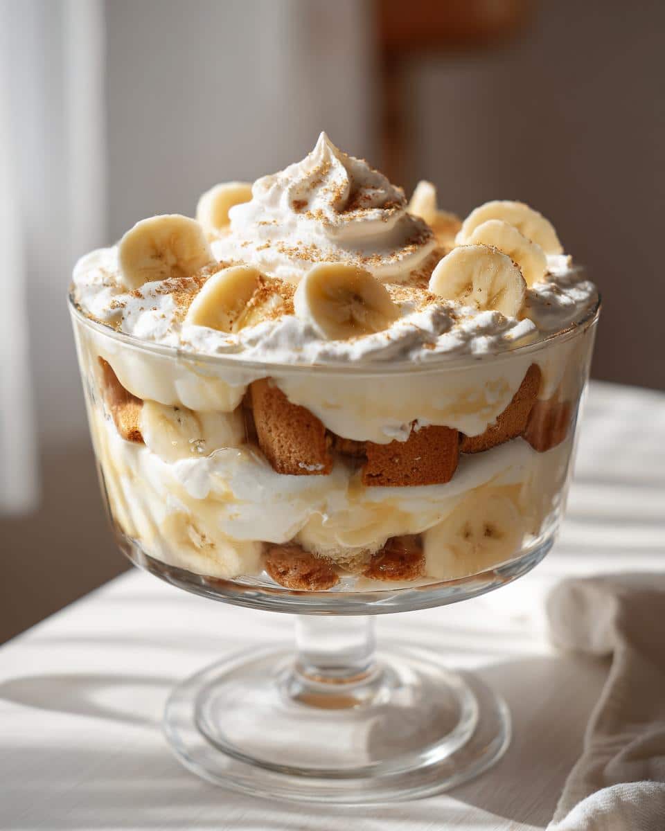A layered Banana Pudding Trifle in a glass bowl, topped with whipped cream and banana slices.