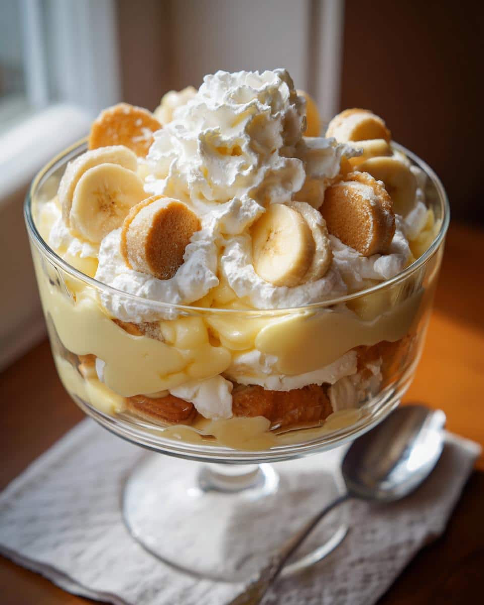 A layered Banana Pudding Trifle in a glass bowl, topped with whipped cream, banana slices, and vanilla wafers.