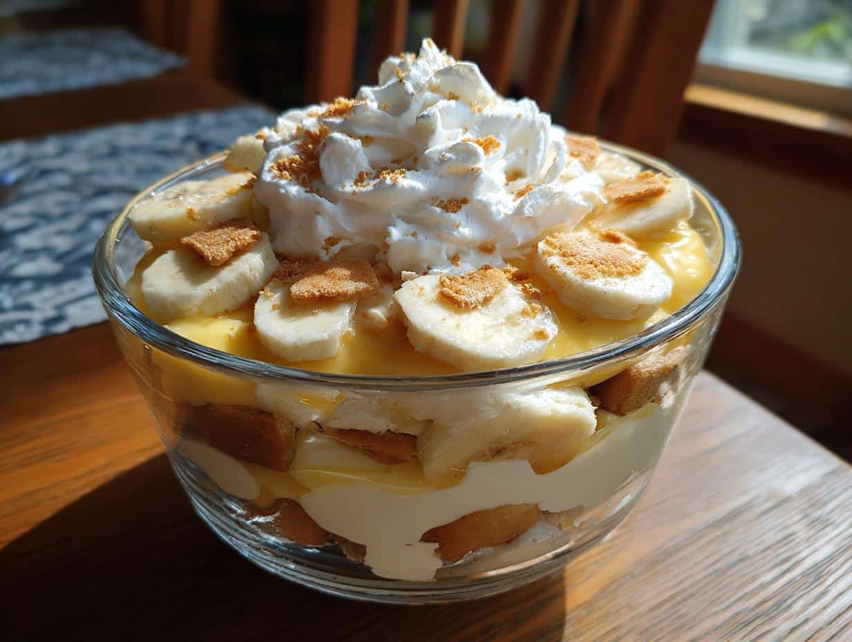 Delicious Banana Pudding Trifle in a glass bowl, layered with bananas, pudding, wafers, and whipped cream.