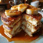 A stack of Bananas Foster Pancakes topped with caramelized bananas and caramel sauce, cut to show the fluffy inside.