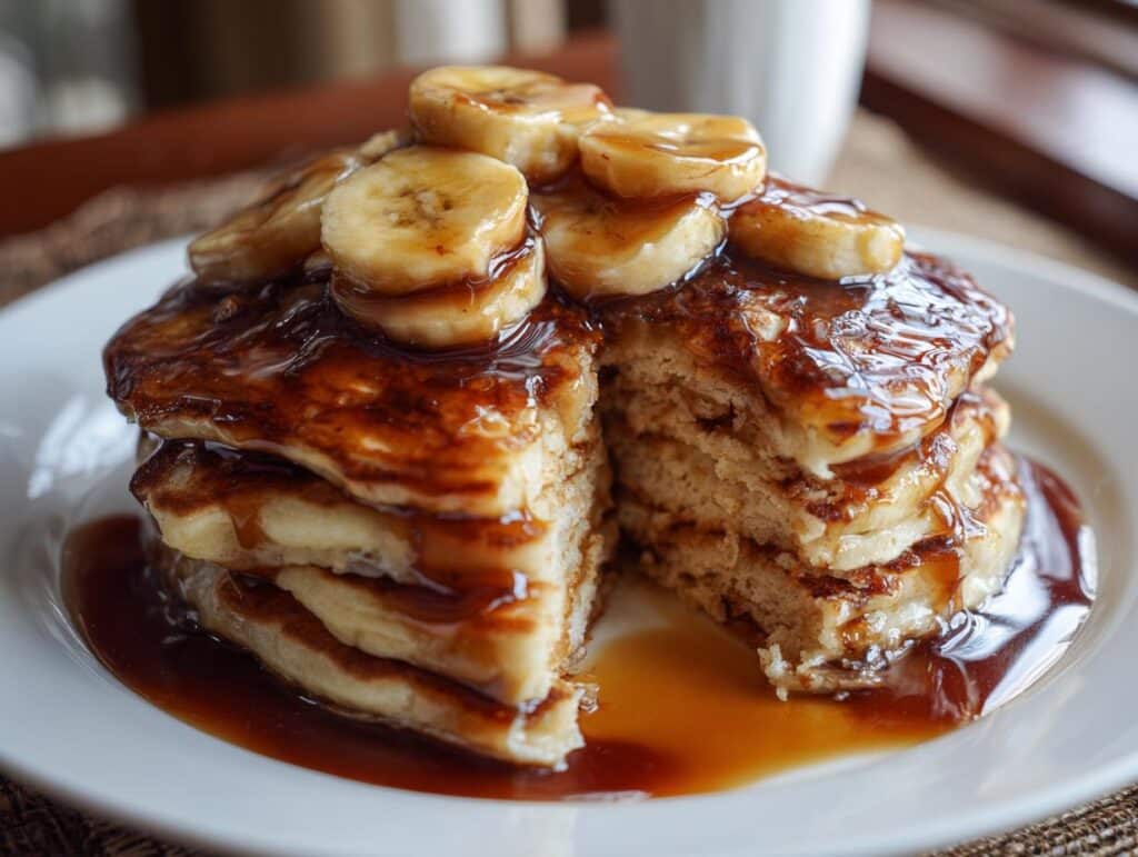 A stack of Bananas Foster Pancakes topped with caramelized bananas and sauce on a white plate.