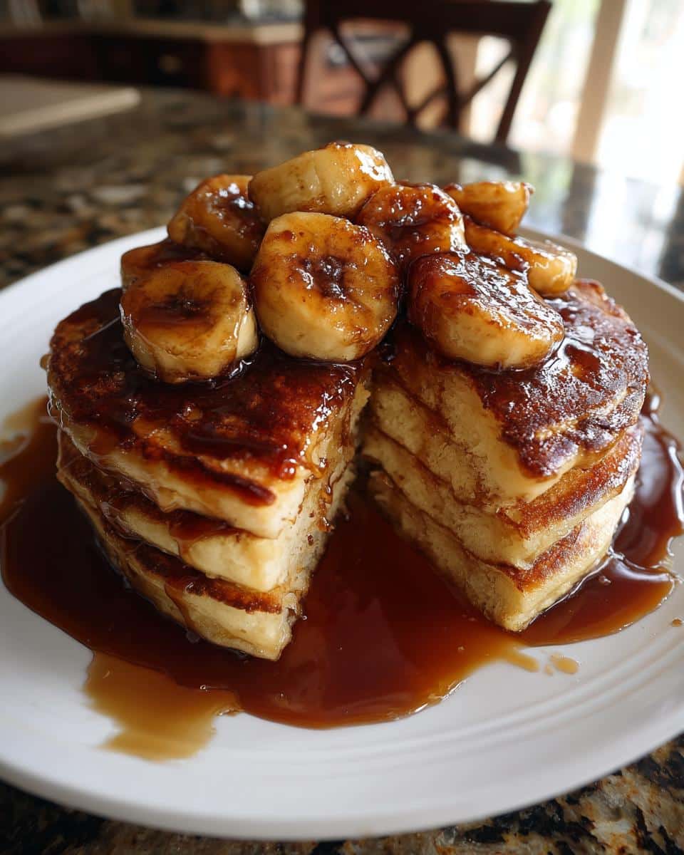 A stack of Bananas Foster Pancakes topped with caramelized bananas and sauce on a white plate.