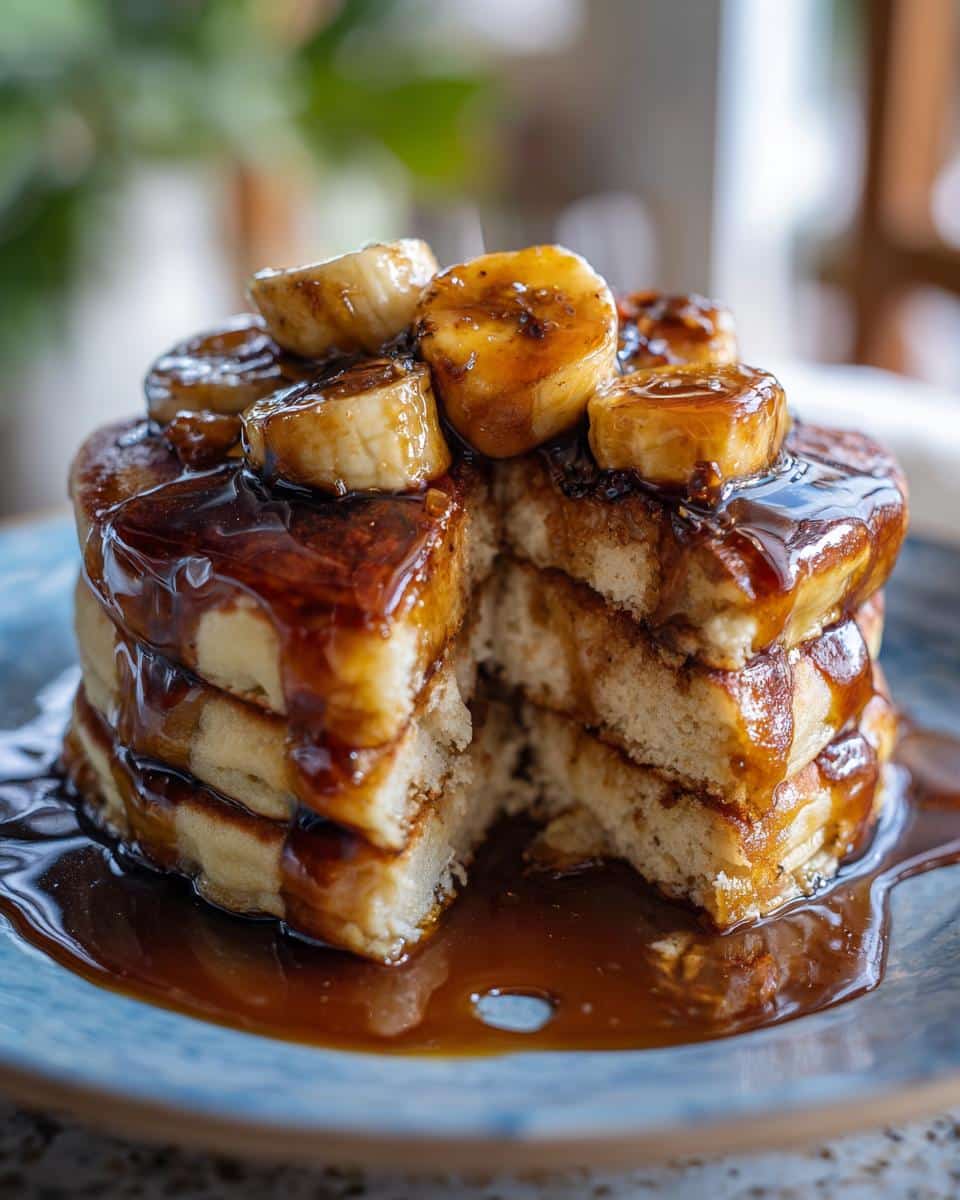 A stack of Bananas Foster Pancakes with caramelized bananas and sauce on a blue plate.