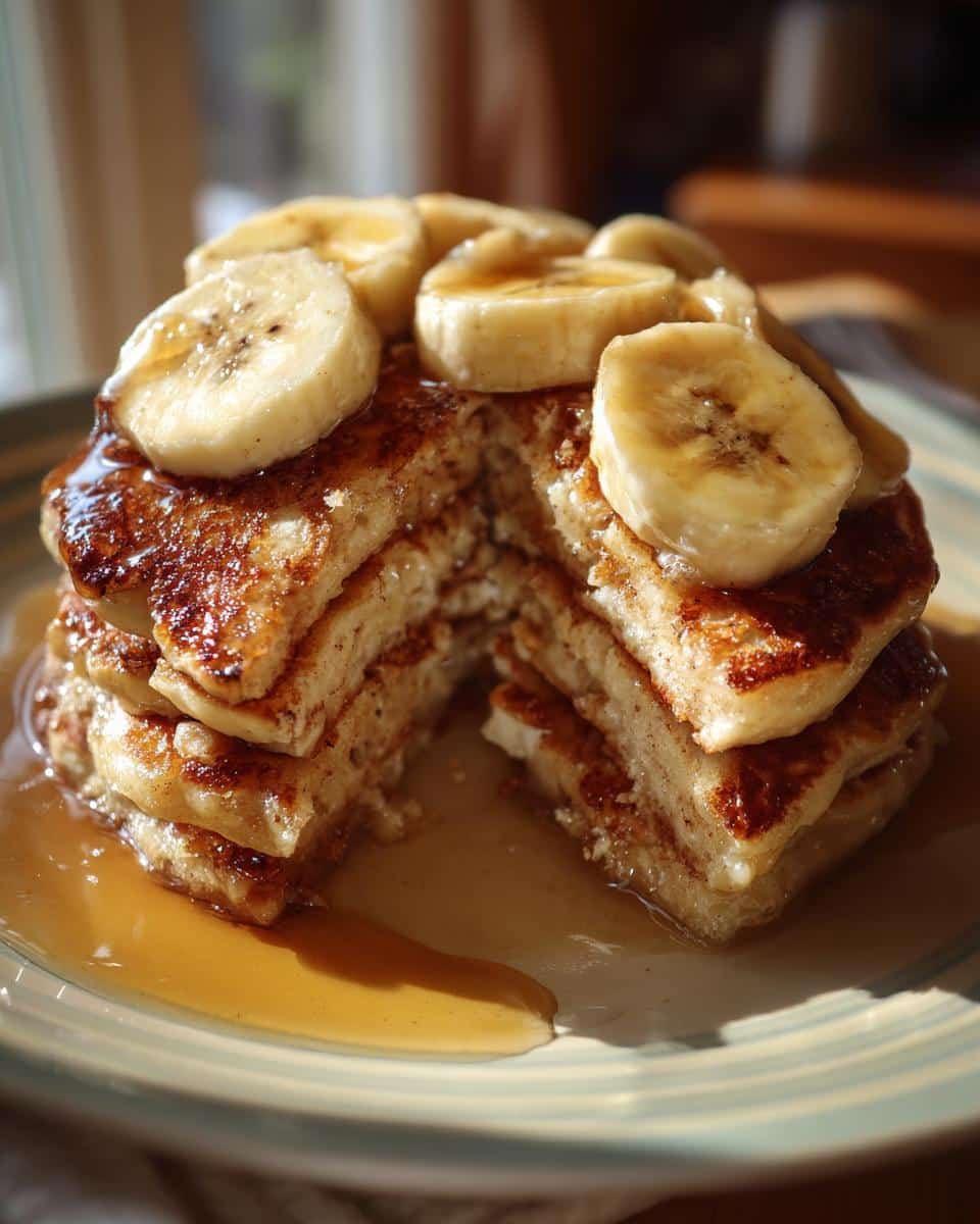 A stack of Bananas Foster Pancakes topped with sliced bananas and caramel sauce on a plate.