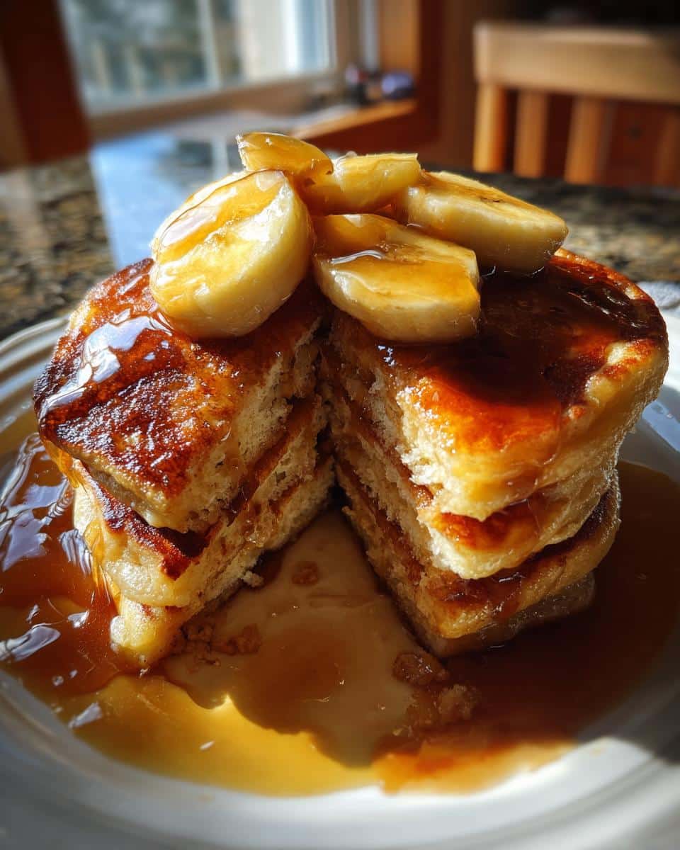 A stack of Bananas Foster Pancakes topped with caramelized bananas and sauce on a white plate.