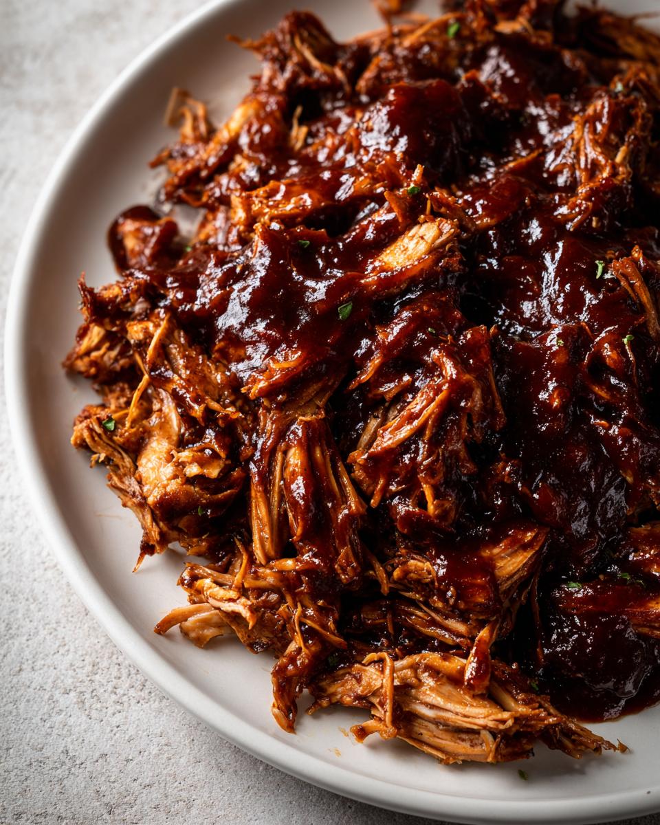 Close-up of shredded BBQ chicken crockpot, glistening with rich, dark barbecue sauce, on a white plate.